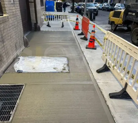 New sidewalk concrete curing behind barriers and traffic cones next to a building